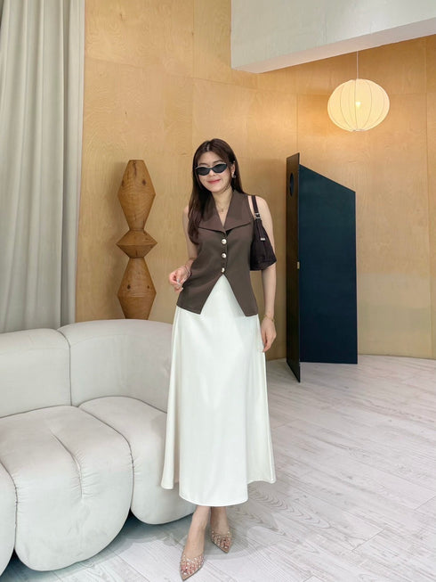 Collar Down Sleeveless Vest With Skirts Sets